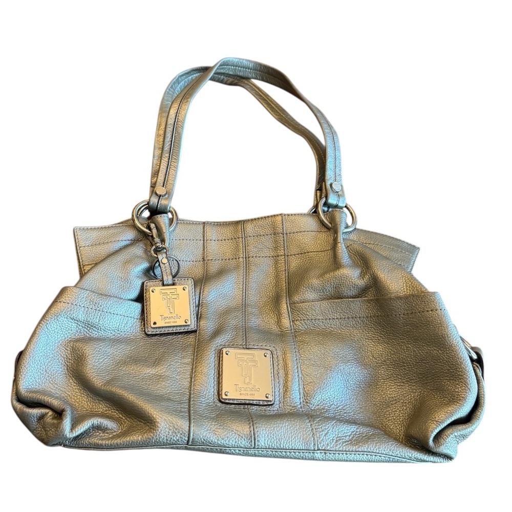 Tignanello Silver Leather Large High End Tote Bag Purse w/ Key Chain MINTY